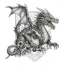 A mechanical dragon weaving through a dark forest, with a writing quill in its claws tattoo design idea