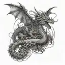 A mechanical dragon weaving through a dark forest, with a writing quill in its claws tattoo design idea