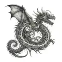 A mechanical dragon weaving through a dark forest, with a writing quill in its claws tattoo design idea