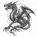 A mechanical dragon weaving through a dark forest, with a writing quill in its claws tattoo design idea