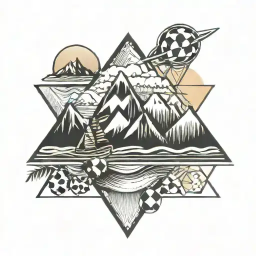 triangle, ski, soccer, sun, sea, palm tattoo design idea