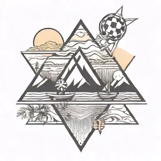 triangle, ski, soccer, sun, sea, palms tattoo design idea