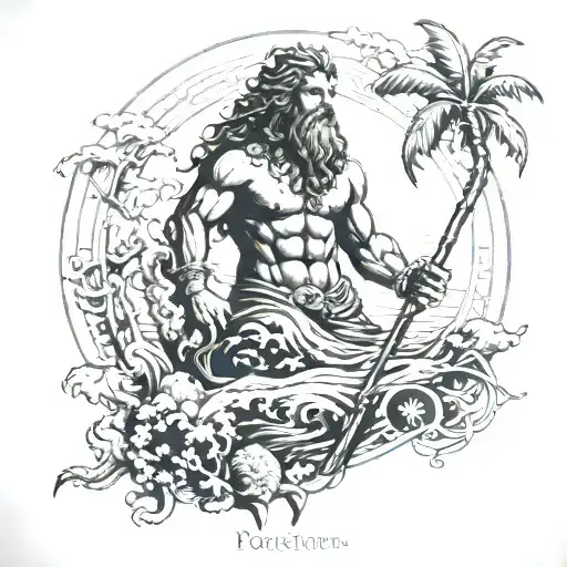 A detailed blackwork tattoo of Poseidon, the Greek god of the sea, in a tropical ocean setting tattoo design idea