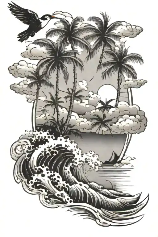 A serene beach scene with palm trees, waves crashing, and six birds soaring in the sky tattoo design idea