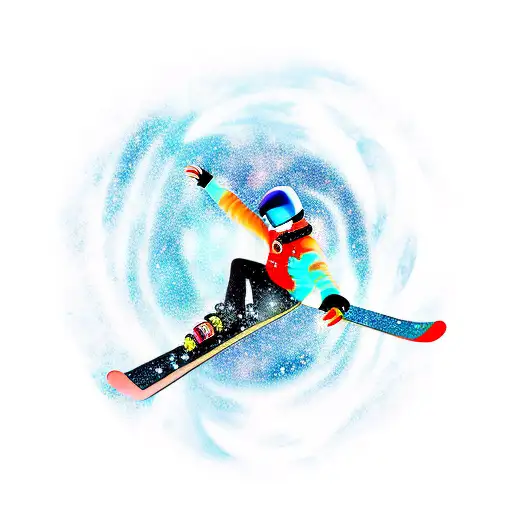 Snowboarder carving through a galaxy filled with stars and planets tattoo design idea