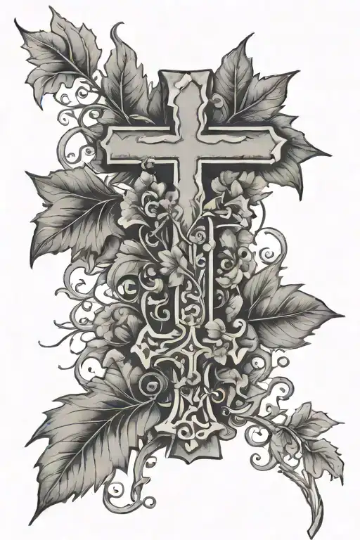 Vine leafs wrapped going up the arm 3 crosses on top of forearm “Philippians 4:13” on front forearm and “psalms 28:7”  tattoo design idea