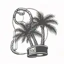 A black-grey tattoo of a palm tree silhouette with a boxing ring in the background, blending the love for Miami and boxing tattoo design idea