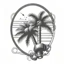 A black-grey tattoo of a palm tree silhouette with a boxing ring in the background, blending the love for Miami and boxing tattoo design idea