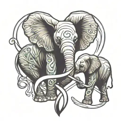 outline of baby and mama elephant trunks connect into heart and Alzheimer's awareness ribbon    tattoo design idea