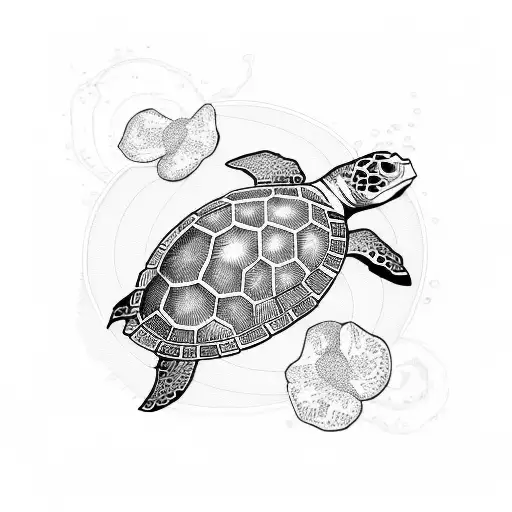 Marine turtle in the sea with flowers tattoo design idea