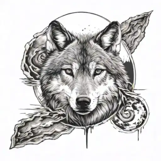 A wolf, behind him a moon and on one of his craters the sign of peace. Below a flowing river wolf. The whole tattoo has  tattoo design idea
