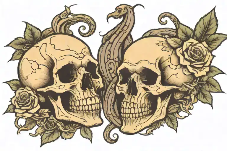 Eerie skulls facing one another with snakes and roses coming from inside tattoo design idea