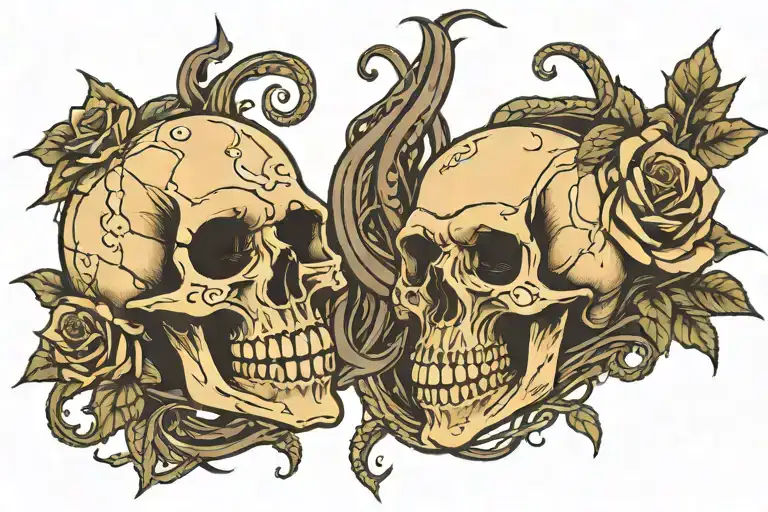 Eerie skulls facing one another with snakes and roses coming from inside tattoo design idea