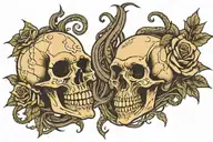 Eerie skulls facing one another with snakes and roses coming from inside tattoo design idea