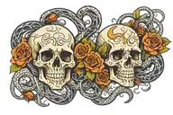 Eerie skulls facing one another with snakes and roses coming from inside tattoo design idea