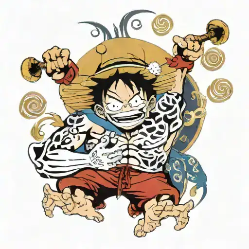 Luffy in gear 5, laughing in his iconic pose tattoo design idea