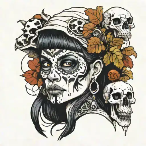 Shaman woman holding animal skull overgrown by mushrooms tattoo design idea