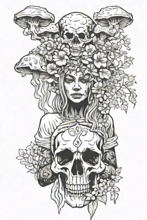 Shaman woman holding in hands animal skull overgrown by mushrooms tattoo design idea