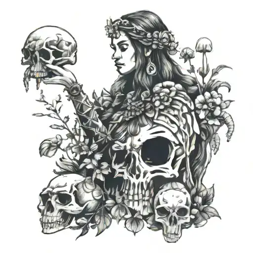 Shaman woman holding animal skull overgrown by mushrooms tattoo design idea