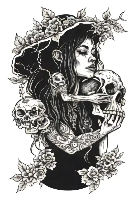 Shaman woman holding in hands animal skull overgrown by mushrooms tattoo design idea