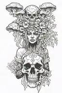 Shaman woman holding in hands animal skull overgrown by mushrooms tattoo design idea