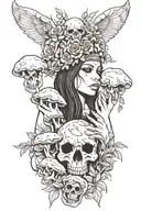Shaman woman holding in hands animal skull overgrown by mushrooms tattoo design idea