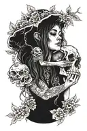Shaman woman holding in hands animal skull overgrown by mushrooms tattoo design idea