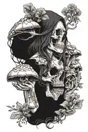 Shaman woman holding in hands animal skull overgrown by mushrooms tattoo design idea