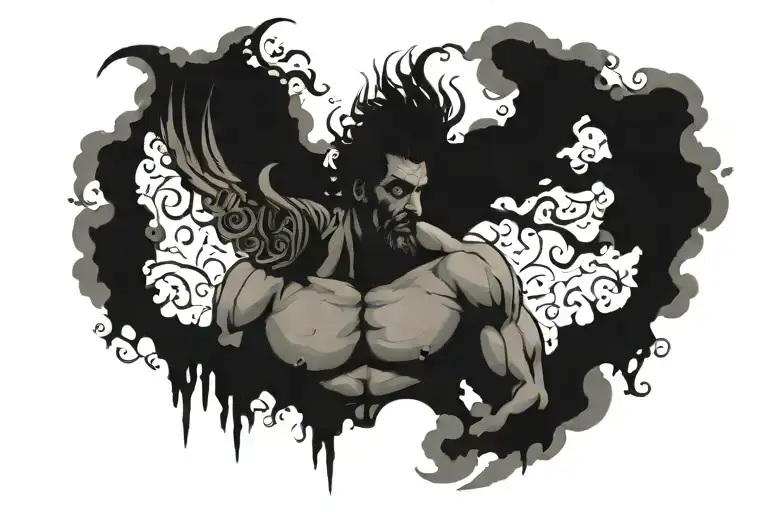 Greek muscular god tearing in clouds tattoo design idea