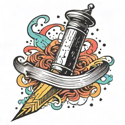 Large upside down J that resembles a tattoo needle. colored ink splatters around the J tattoo design idea