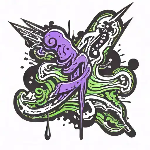Large upside down J that resembles a tattoo needle. colored ink splatters around the J tattoo design idea