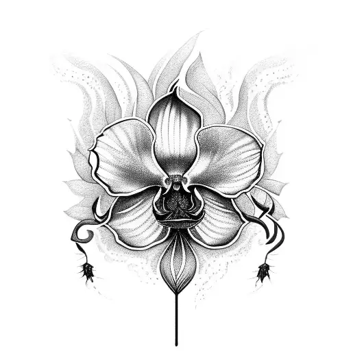 A black orchid intertwined with the name Shirlon tattoo design idea