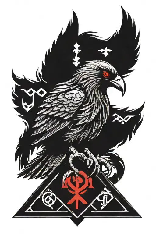 crow with red eyes surrounded by viking runes tattoo design idea