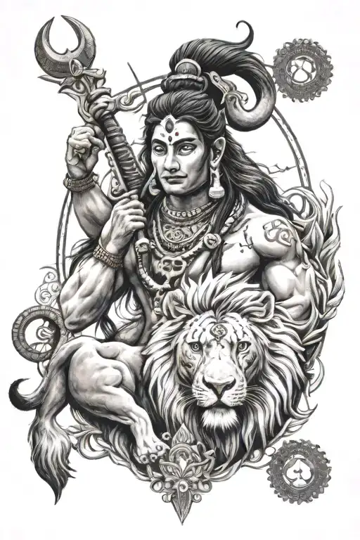 lord shiva and lion with Indian mythology symbols incorporated tattoo design idea
