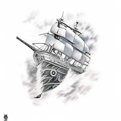 ship and one Dodge Challenger on the sky tattoo design idea