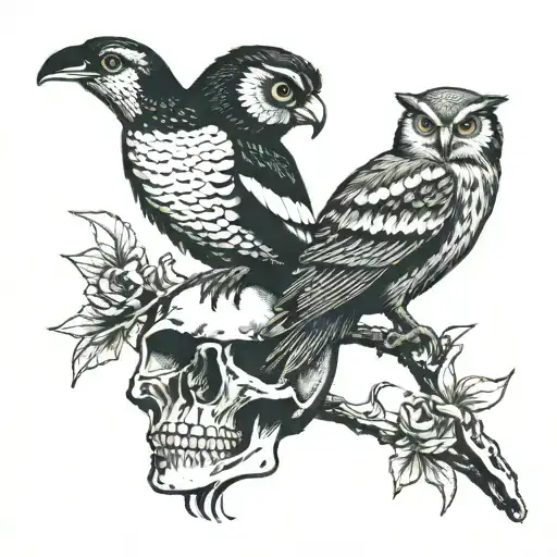 magpie and owl perched on skull tattoo design idea