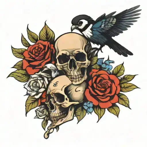 skull and magpie holding a bouquet tattoo design idea
