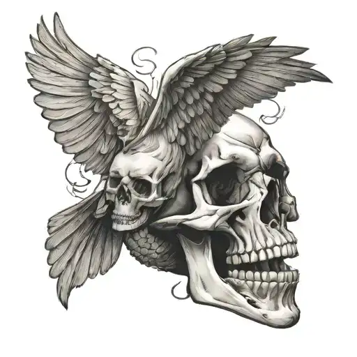 flying dove with human skull as part of its body tattoo design idea
