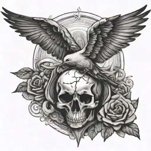 flying dove with human skull as its body tattoo design idea