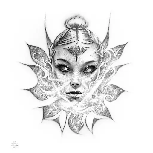 A mystical tattoo depicting a girl sitting in front of an ethereal mirror, tears transforming into wisps of smoke, as a wicked demon reflection emerges from the mirror's surface tattoo design idea