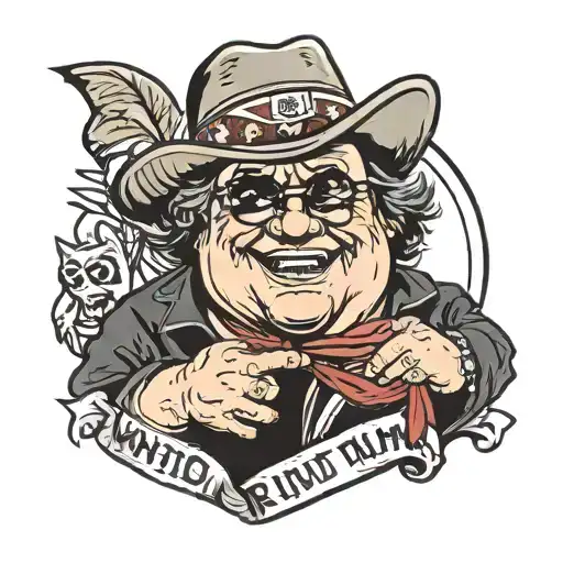 danny devito face with banner that says who wants rum ham? tattoo design idea
