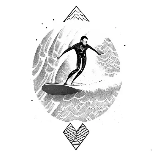 A surfer riding a wave that transforms into a mountain peak tattoo design idea