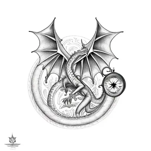 mystical dragon holdinging a compass tattoo design idea