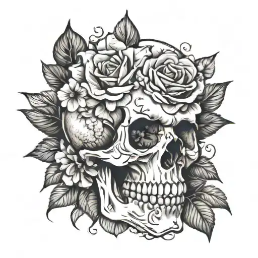 A black and grey tattoo of a skull with roses and hydrangeas growing from it tattoo design idea