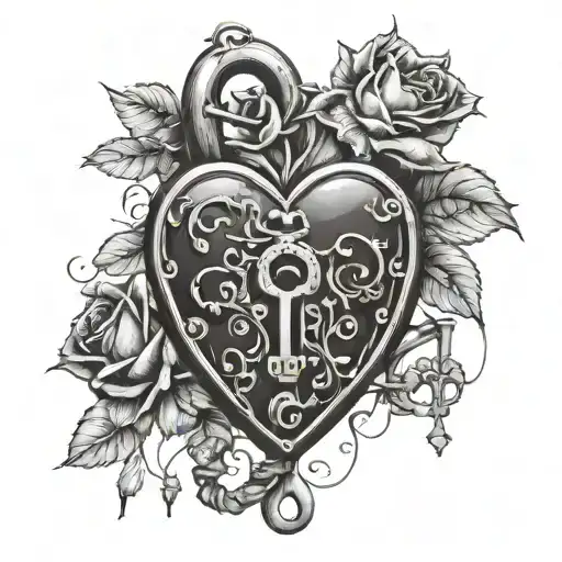A detailed heart-shaped lock and key intertwined with roses and vines tattoo design idea