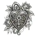A detailed heart-shaped lock and key intertwined with roses and vines tattoo design idea