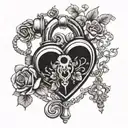 A detailed heart-shaped lock and key intertwined with roses and vines tattoo design idea