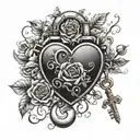 A detailed heart-shaped lock and key intertwined with roses and vines tattoo design idea