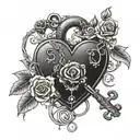 A detailed heart-shaped lock and key intertwined with roses and vines tattoo design idea