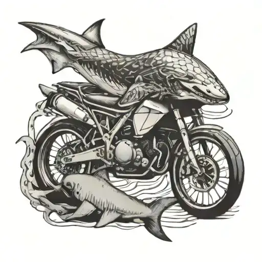 A detailed blackwork tattoo of a bike merging with a shark, representing your love for biking and sharks tattoo design idea